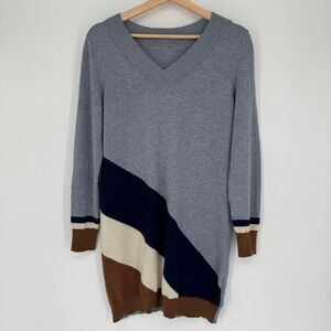 Colorblock V Neck Sweater Dress Womens M Knit Geometric Mod Prep Minimalist